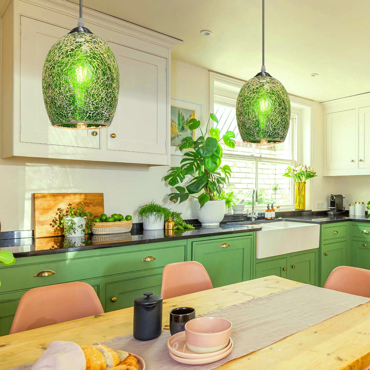 Vintage Ceiling Crackle Green Mosaic Glass Pendant Light - Energy Light Bulbs - Free delivery on all orders