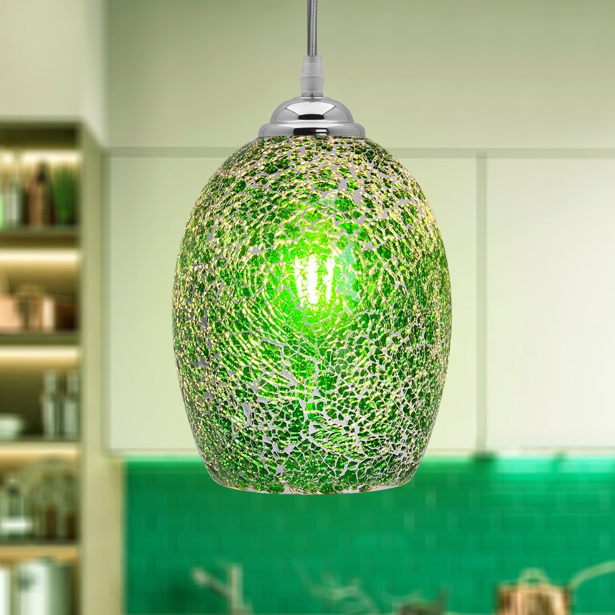 Vintage Ceiling Crackle Green Mosaic Glass Pendant Light - Energy Light Bulbs - Free delivery on all orders