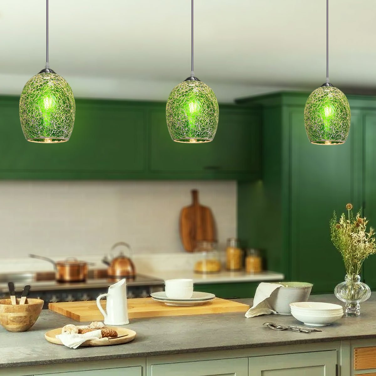 Vintage Ceiling Crackle Green Mosaic Glass Pendant Light - Energy Light Bulbs - Free delivery on all orders