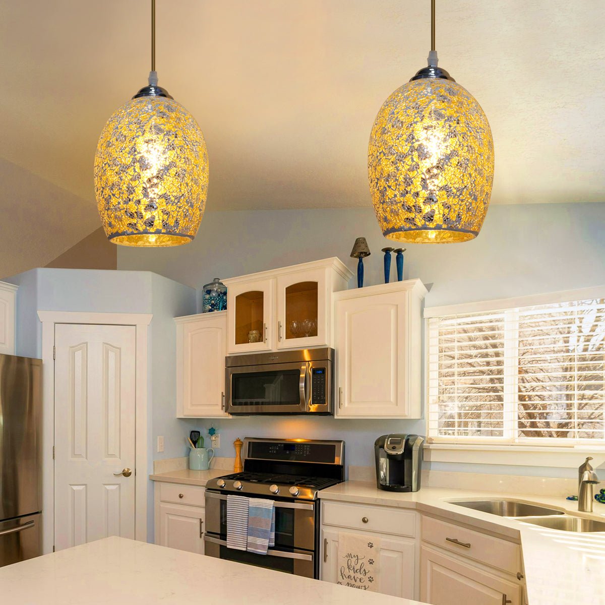 Vintage Ceiling Crackle Yellow Mosaic Glass Pendant Light - Energy Light Bulbs - Free delivery on all orders