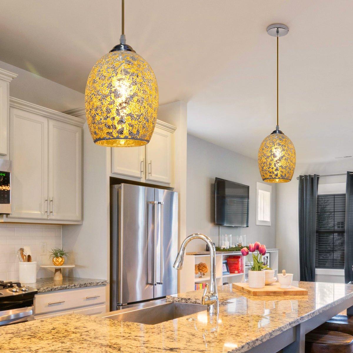 Vintage Ceiling Crackle Yellow Mosaic Glass Pendant Light - Energy Light Bulbs - Free delivery on all orders
