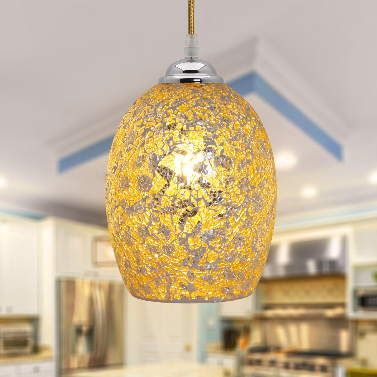 Vintage Ceiling Crackle Yellow Mosaic Glass Pendant Light - Energy Light Bulbs - Free delivery on all orders