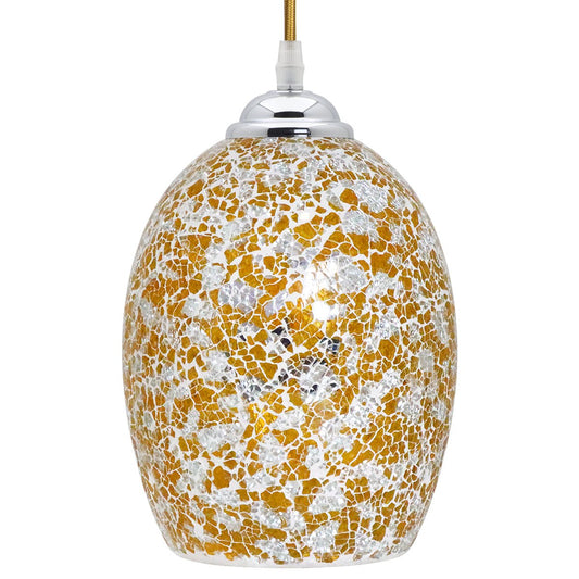 Vintage yellow crackle mosaic glass pendant light with chrome E27 holder for kitchens and dining rooms