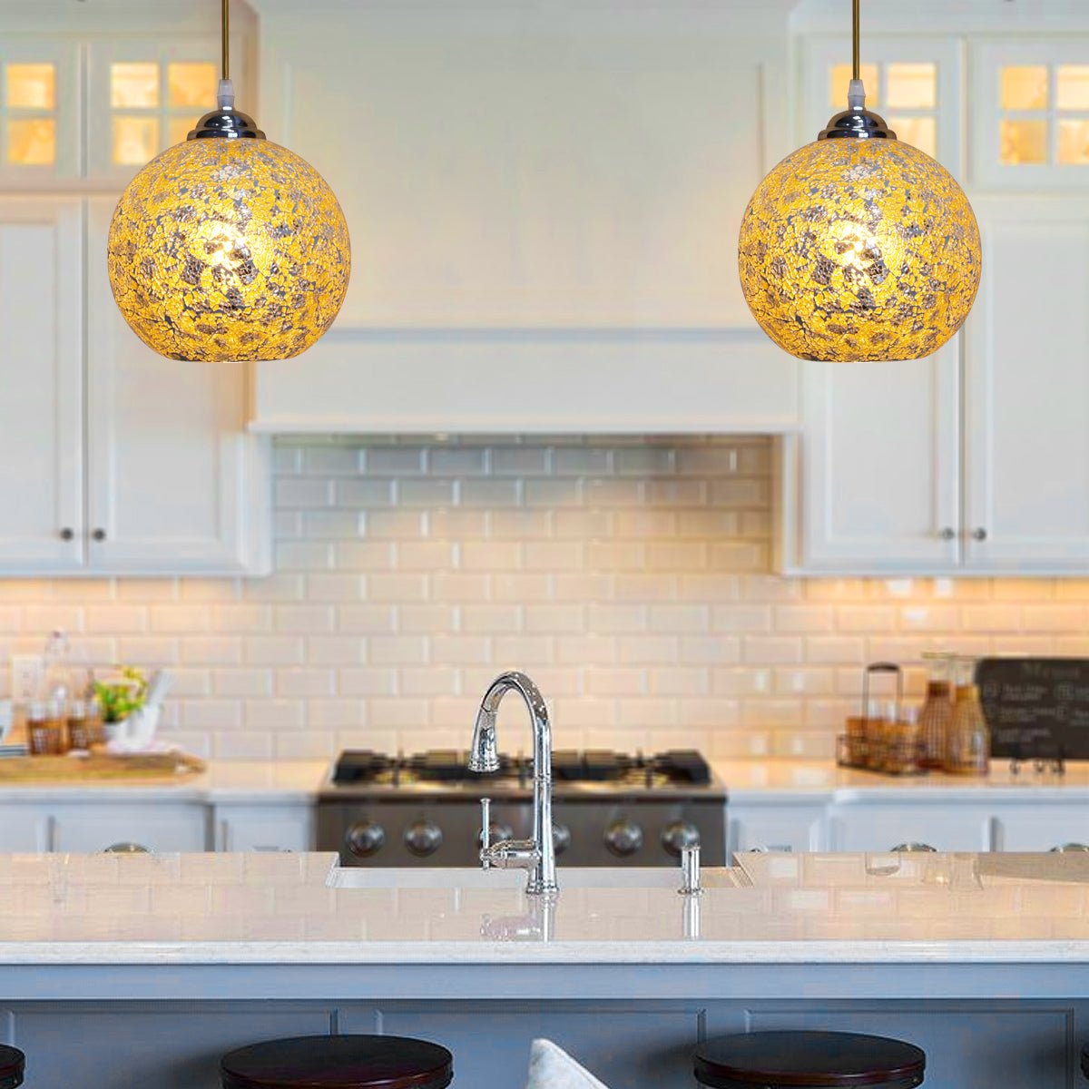 Vintage Ceiling Crackle Yellow Mosaic Globe Glass Pendant Light - Energy Light Bulbs - Free delivery on all orders