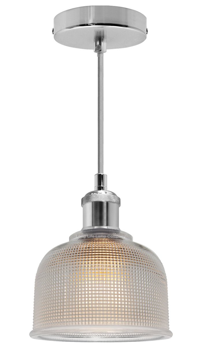 Vintage Chrome Pendant Light Shade Pressed Pattern Glass Bowl - Energy Light Bulbs - Free delivery on all orders