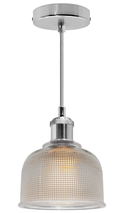 Vintage Chrome Pendant Light Shade Pressed Pattern Glass Bowl - Energy Light Bulbs - Free delivery on all orders