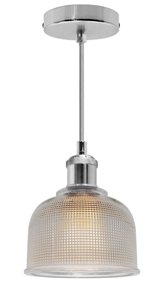 Vintage Chrome Pendant Light Shade Pressed Pattern Glass Bowl - Energy Light Bulbs - Free delivery on all orders
