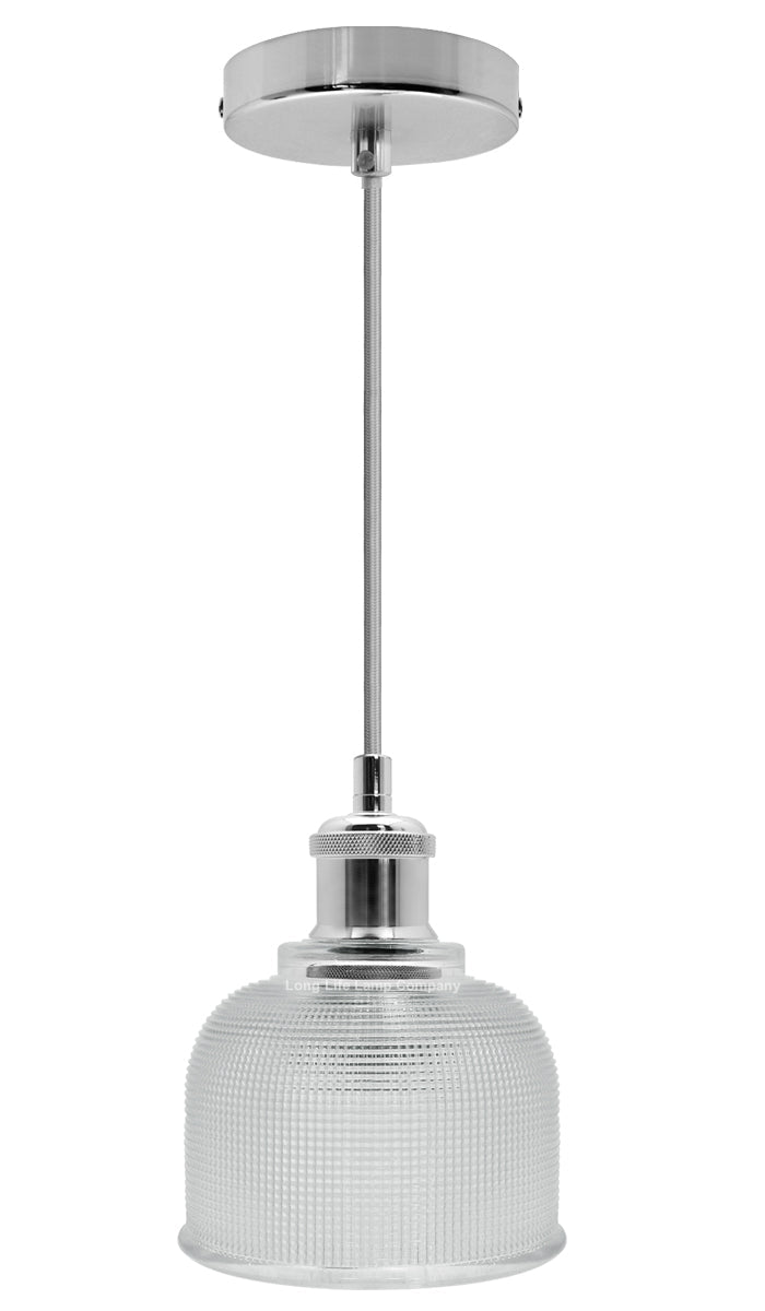 Vintage Chrome Pendant Light Shade Pressed Pattern Glass Bowl - Energy Light Bulbs - Free delivery on all orders