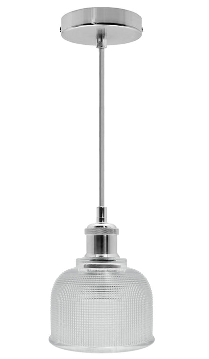 Vintage Chrome Pendant Light Shade Pressed Pattern Glass Bowl - Energy Light Bulbs - Free delivery on all orders