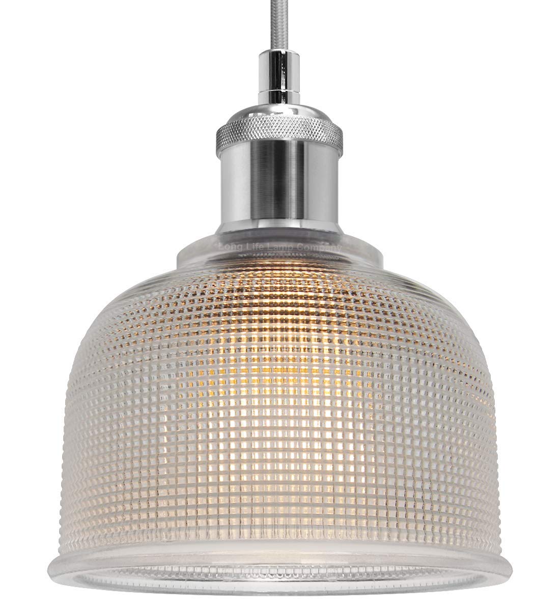 Vintage Chrome Pendant Light Shade Pressed Pattern Glass Bowl - Energy Light Bulbs - Free delivery on all orders