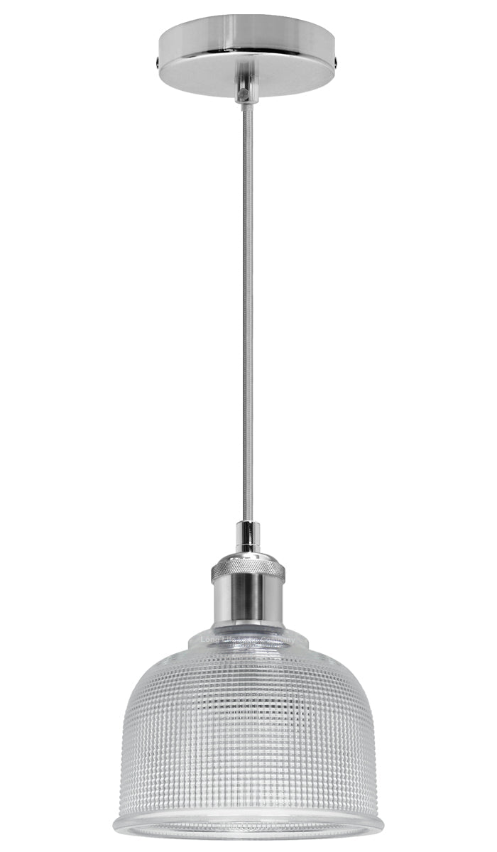 Vintage Chrome Pendant Light Shade Pressed Pattern Glass Bowl - Energy Light Bulbs - Free delivery on all orders