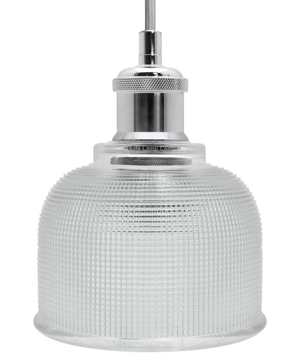 Vintage Chrome Pendant Light Shade Pressed Pattern Glass Bowl - Energy Light Bulbs - Free delivery on all orders