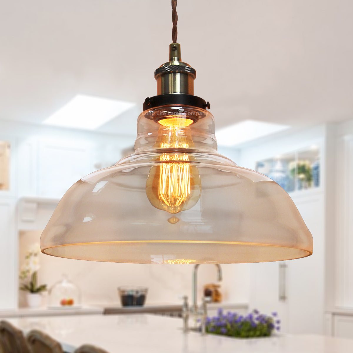 Vintage Glass Shade Pendant Antique Brass Hanging Ceiling Light - Energy Light Bulbs - Free delivery on all orders