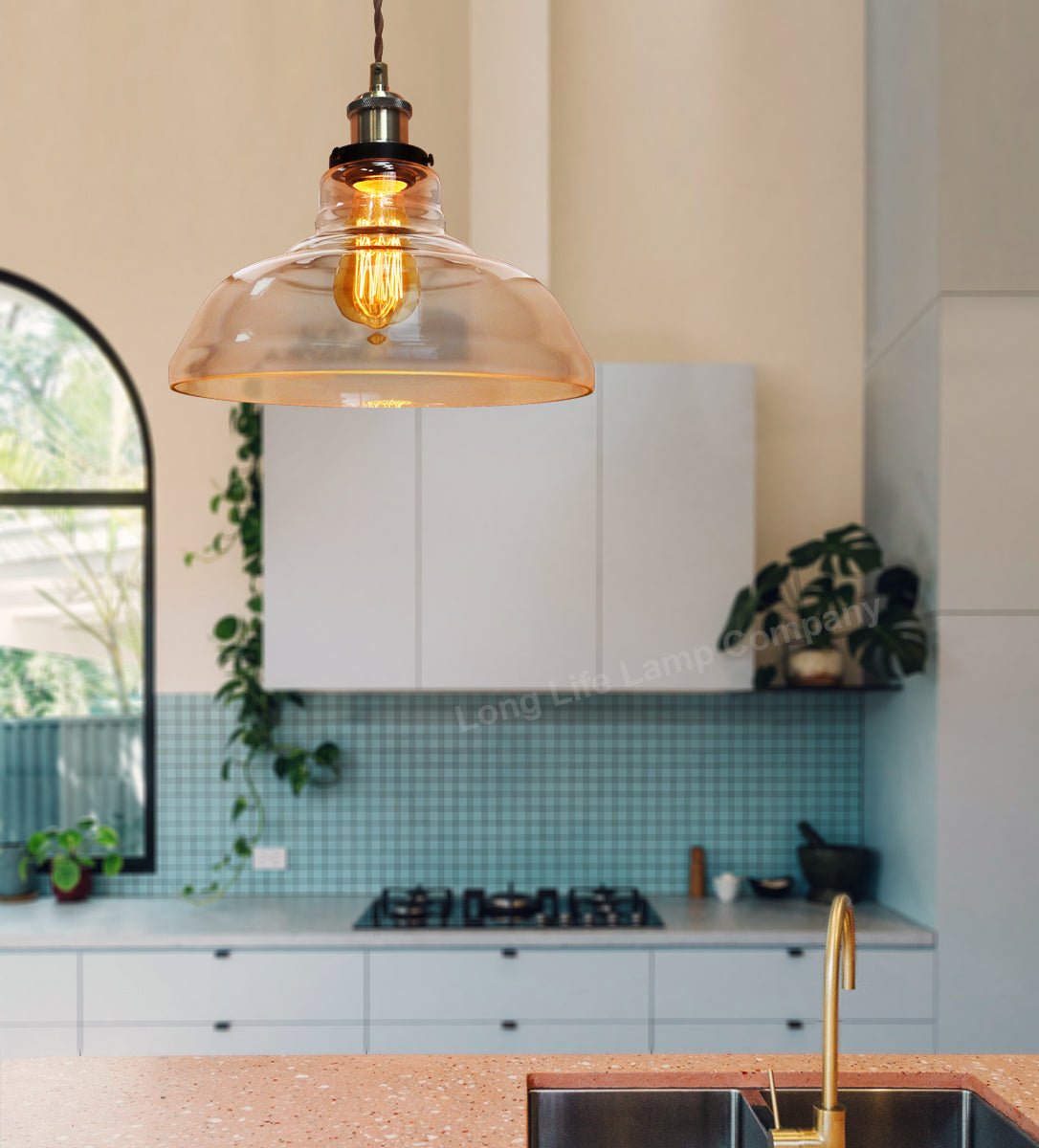Vintage Glass Shade Pendant Antique Brass Hanging Ceiling Light - Energy Light Bulbs - Free delivery on all orders