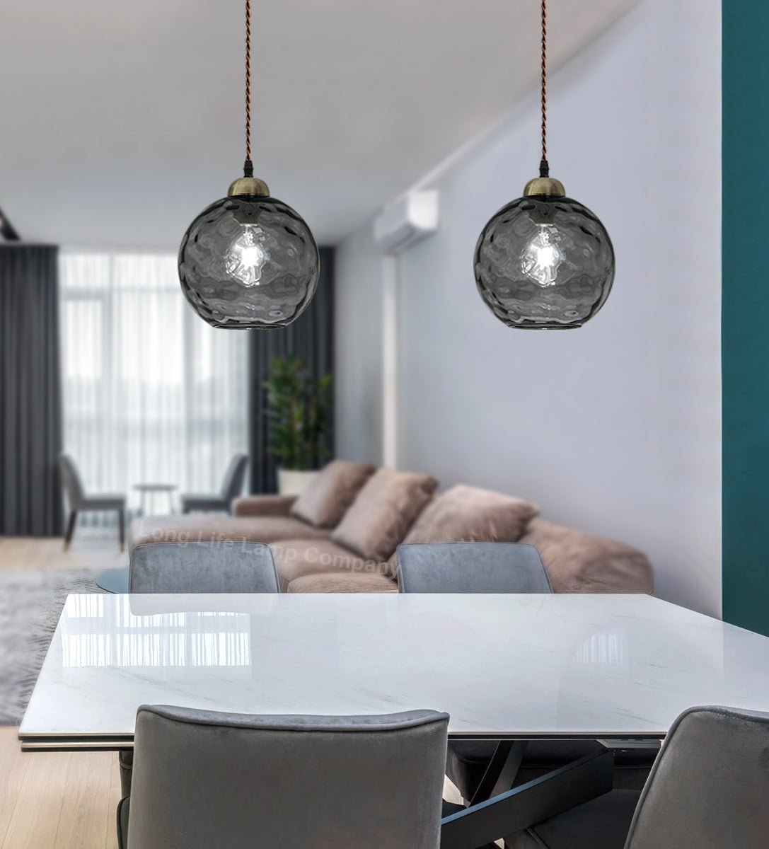 Vintage Globe Smoked Grey Ripple Glass Ceiling Pendant Lamp Glass - Energy Light Bulbs - Free delivery on all orders