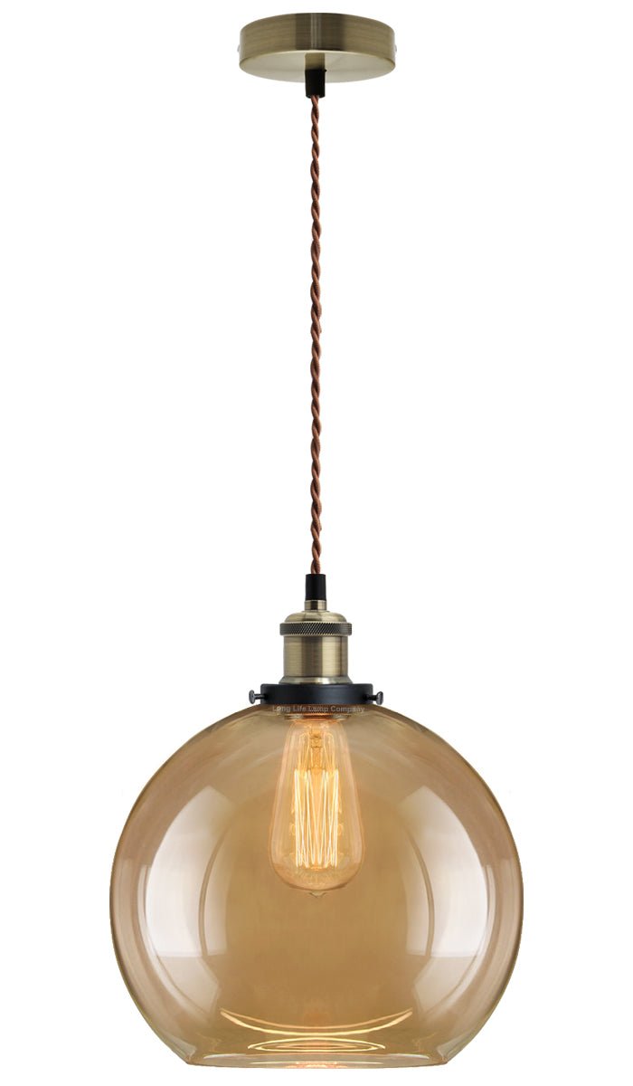 Vintage Gold Smoke Glass Globe Pendant Shade Antique Brass Holder - Energy Light Bulbs - Free delivery on all orders