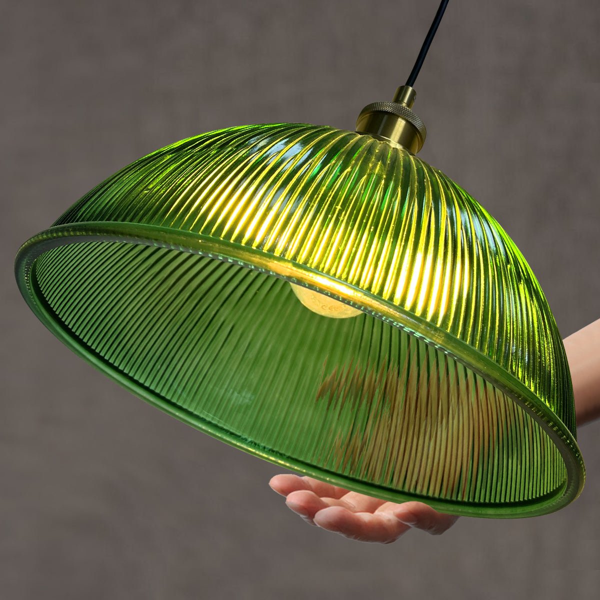 Vintage Green Ribbed Glass Brass Ceiling Pendant Light - Energy Light Bulbs - Free delivery on all orders