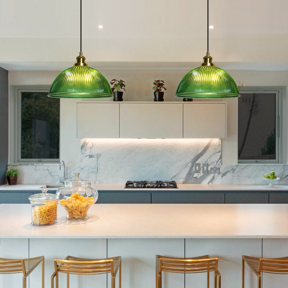 Vintage Green Ribbed Glass Brass Ceiling Pendant Light - Energy Light Bulbs - Free delivery on all orders