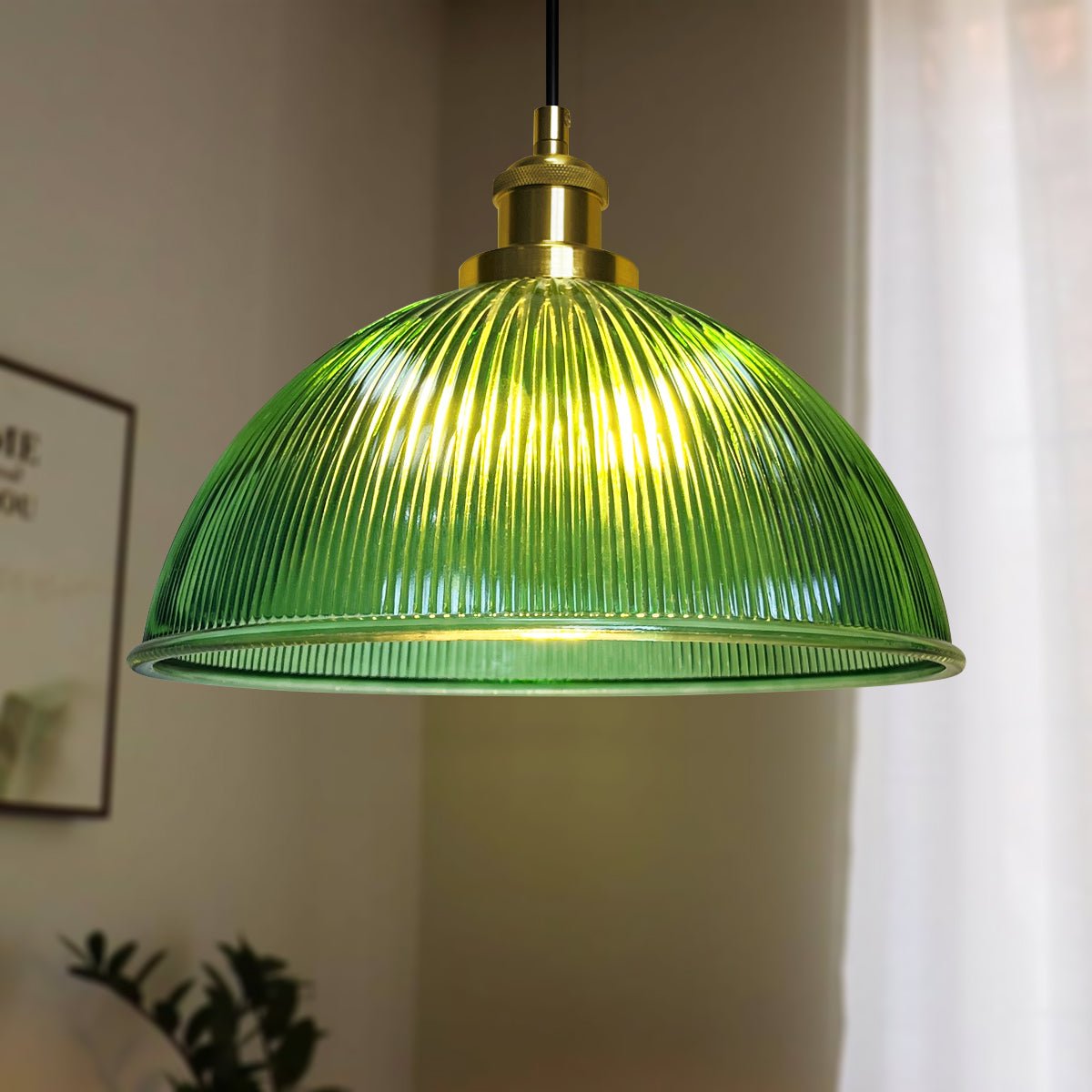 Vintage Green Ribbed Glass Brass Ceiling Pendant Light - Energy Light Bulbs - Free delivery on all orders