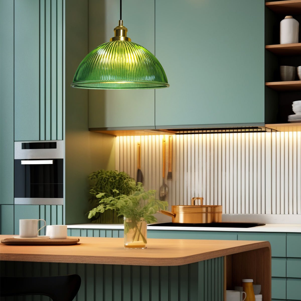 Vintage Green Ribbed Glass Brass Ceiling Pendant Light - Energy Light Bulbs - Free delivery on all orders