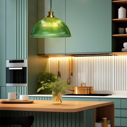 Vintage Green Ribbed Glass Brass Ceiling Pendant Light - Energy Light Bulbs - Free delivery on all orders