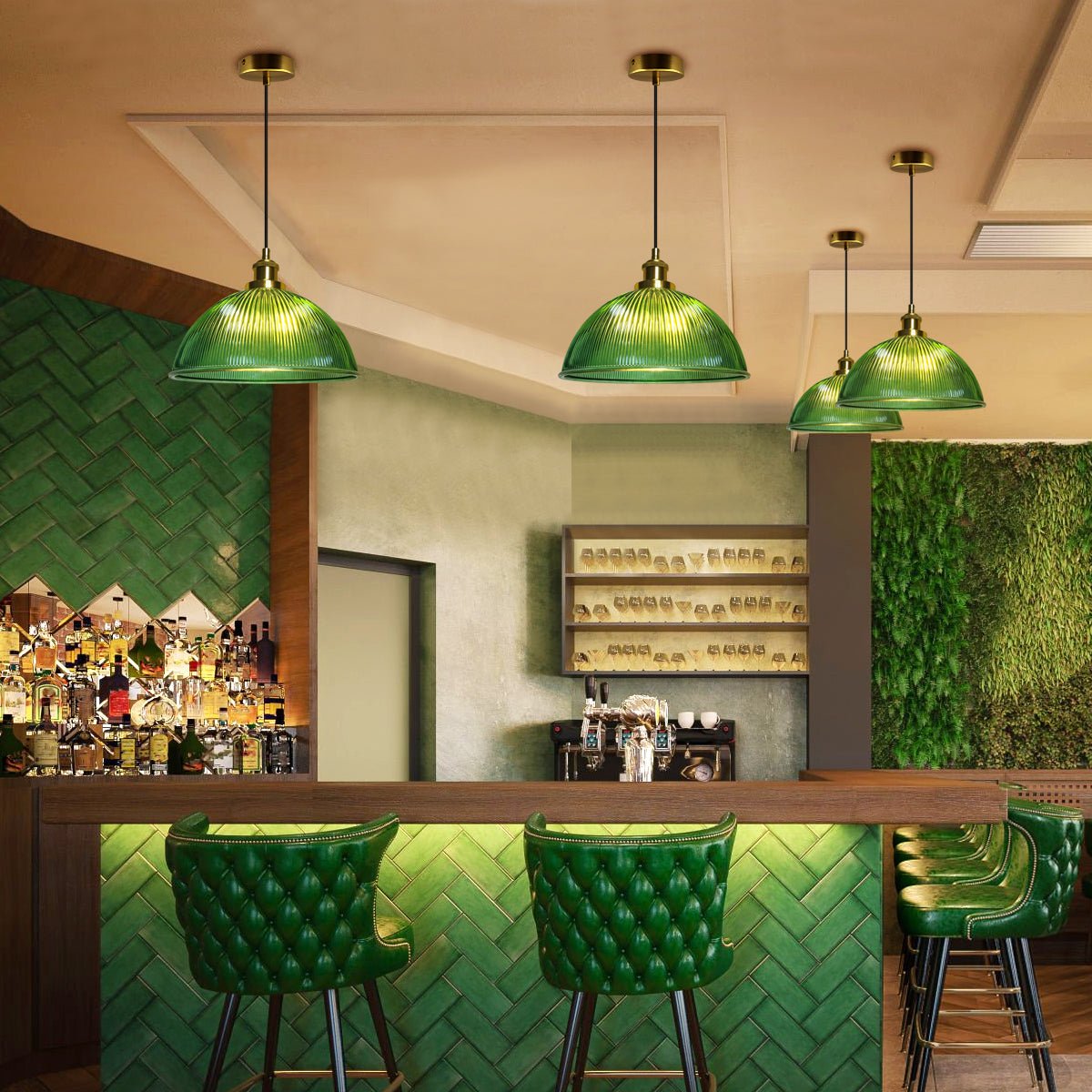 Vintage Green Ribbed Glass Brass Ceiling Pendant Light - Energy Light Bulbs - Free delivery on all orders