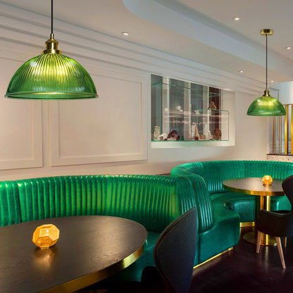 Vintage Green Ribbed Glass Brass Ceiling Pendant Light - Energy Light Bulbs - Free delivery on all orders