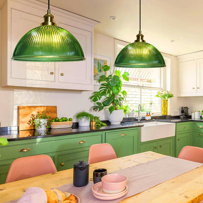 Vintage Green Ribbed Glass Brass Ceiling Pendant Light - Energy Light Bulbs - Free delivery on all orders