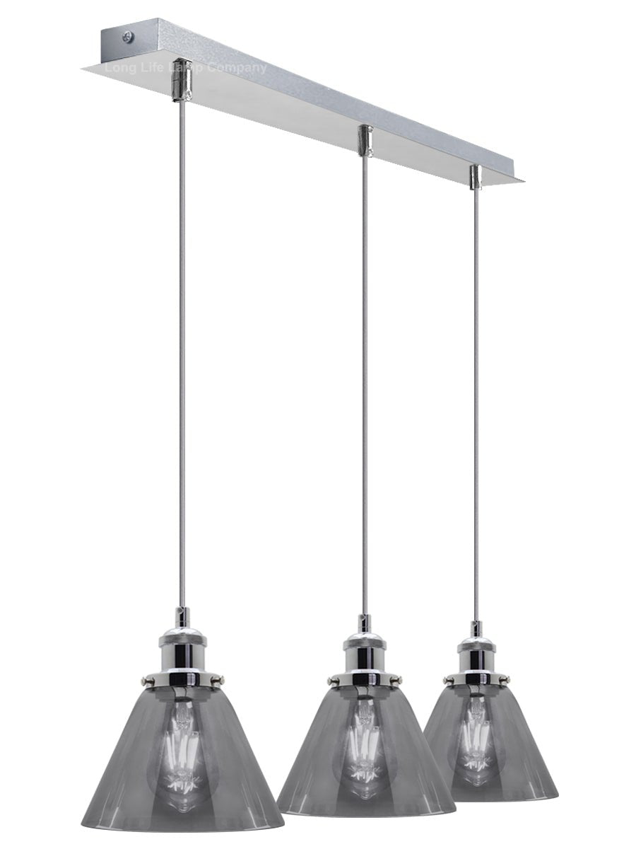 Vintage Industrial 3 Light Ceiling Pendant Lamp Mini Glass Sconce Smoked Grey Shades - Energy Light Bulbs - Free delivery on all orders