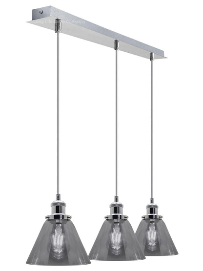 Vintage Industrial 3 Light Ceiling Pendant Lamp Mini Glass Sconce Smoked Grey Shades - Energy Light Bulbs - Free delivery on all orders