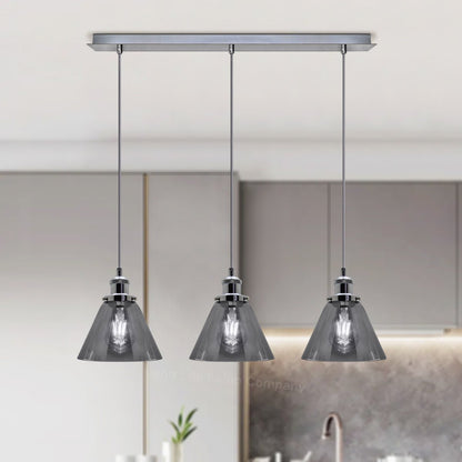 Vintage Industrial 3 Light Ceiling Pendant Lamp Mini Glass Sconce Smoked Grey Shades - Energy Light Bulbs - Free delivery on all orders