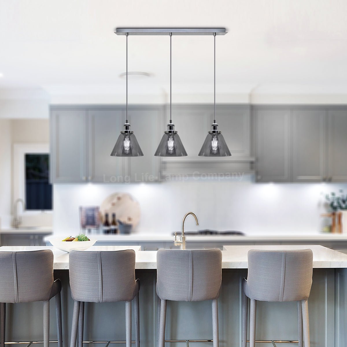 Vintage Industrial 3 Light Ceiling Pendant Lamp Mini Glass Sconce Smoked Grey Shades - Energy Light Bulbs - Free delivery on all orders