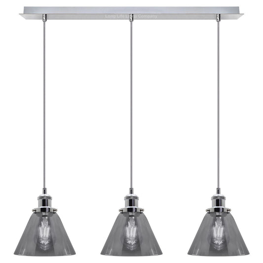 Vintage Industrial 3 Light Ceiling Pendant Lamp Mini Glass Sconce Smoked Grey Shades - Energy Light Bulbs - Free delivery on all orders
