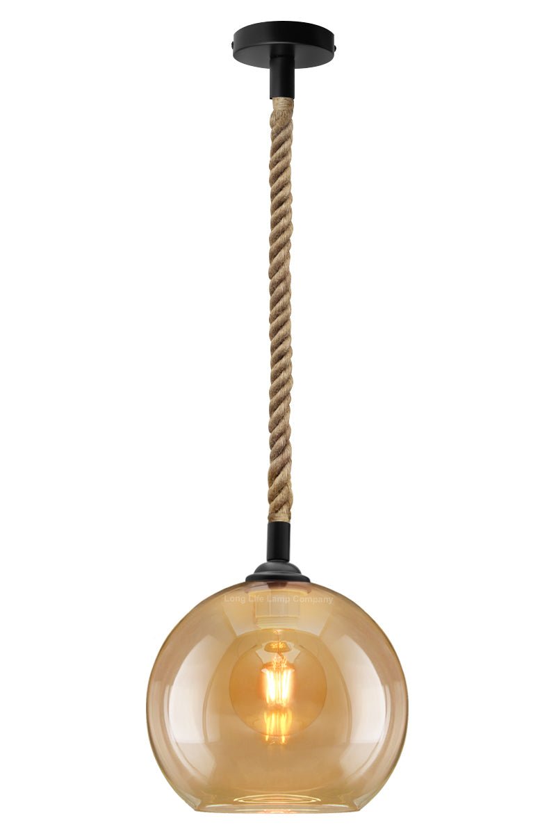 Vintage Industrial Amber Smoked Rope Glass Globe Ceiling Pendant Lamp - Energy Light Bulbs - Free delivery on all orders
