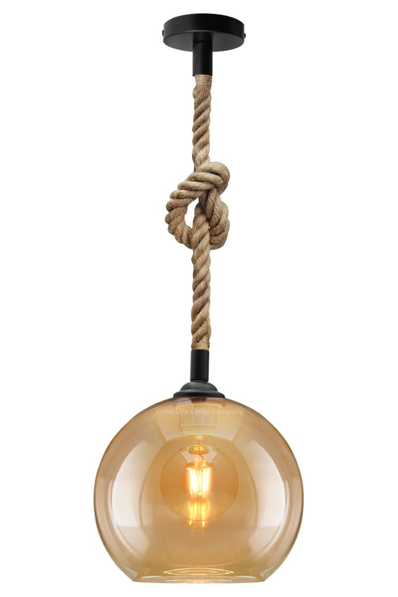 Vintage Industrial Amber Smoked Rope Glass Globe Ceiling Pendant Lamp - Energy Light Bulbs - Free delivery on all orders