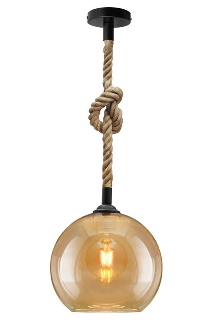 Vintage Industrial Amber Smoked Rope Glass Globe Ceiling Pendant Lamp - Energy Light Bulbs - Free delivery on all orders