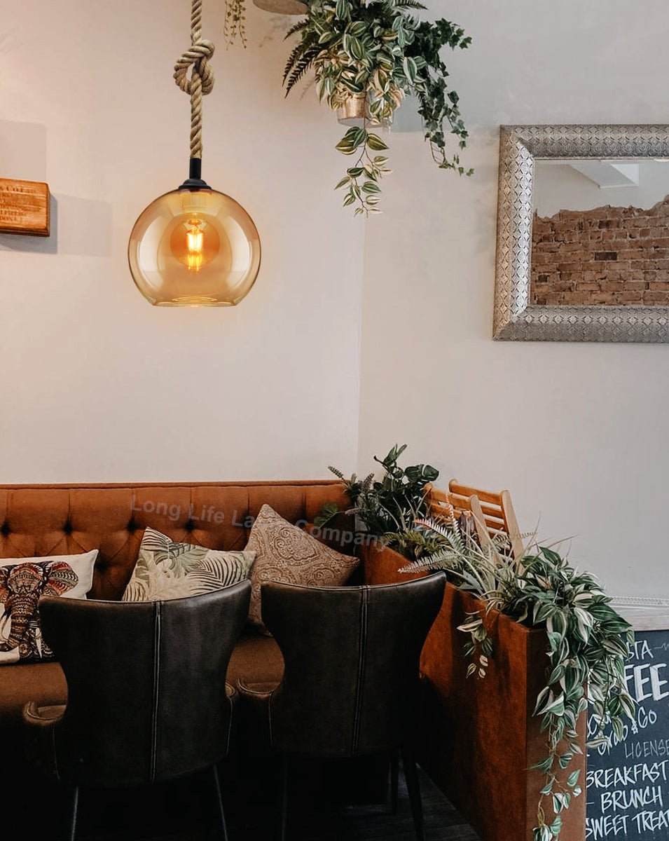Vintage Industrial Amber Smoked Rope Glass Globe Ceiling Pendant Lamp - Energy Light Bulbs - Free delivery on all orders