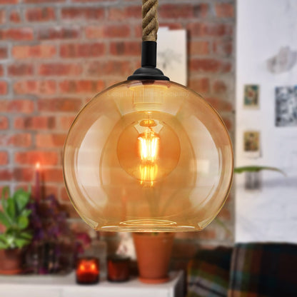 Vintage Industrial Amber Smoked Rope Glass Globe Ceiling Pendant Lamp - Energy Light Bulbs - Free delivery on all orders