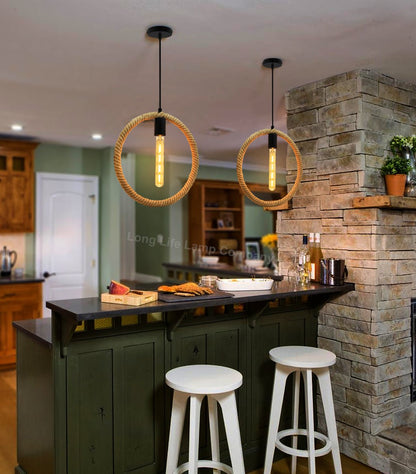 Vintage Industrial Ceiling Hemp Rope Round Pendant Light - Energy Light Bulbs - Free delivery on all orders