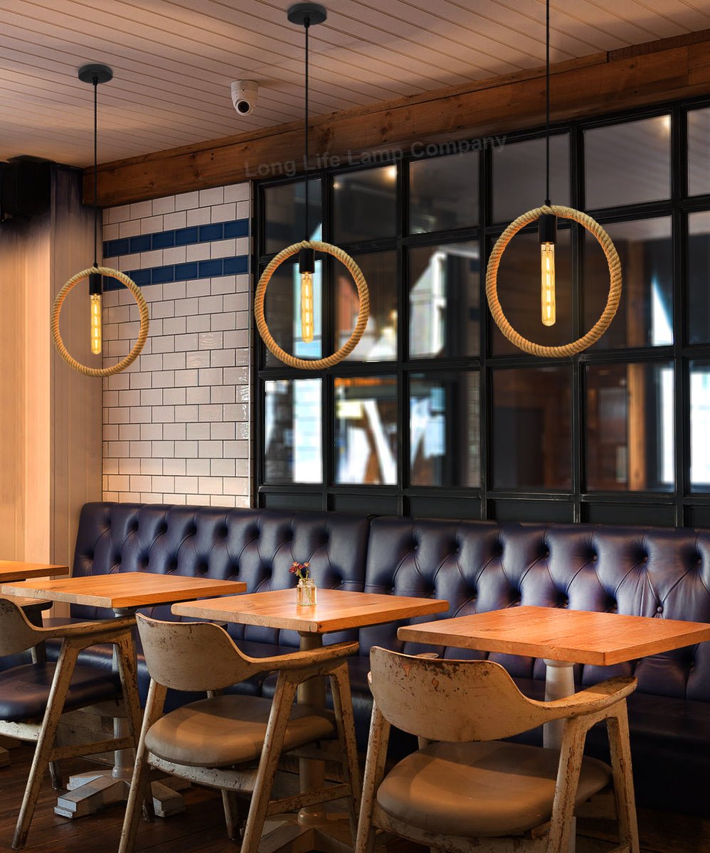 Vintage Industrial Ceiling Hemp Rope Round Pendant Light - Energy Light Bulbs - Free delivery on all orders