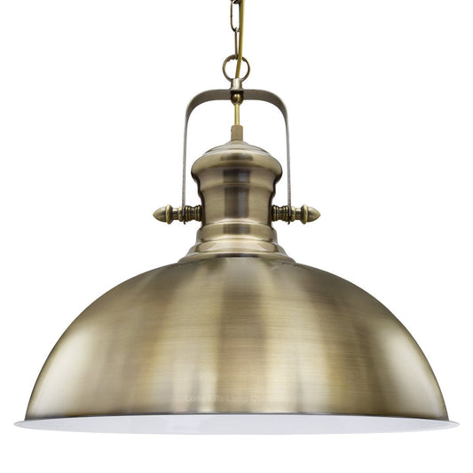 Vintage industrial ceiling pendant light with antique brass metal dome shade and adjustable hanging chain for indoor lighting