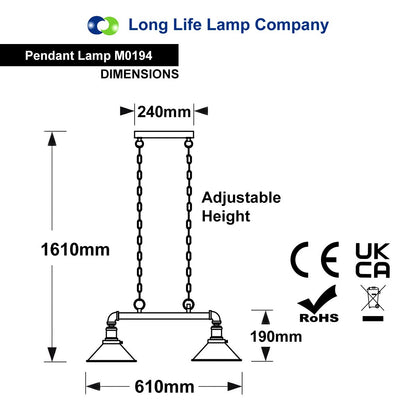 Black metal industrial water pipe ceiling pendant with twin E27 lamp holders for vintage interior lighting