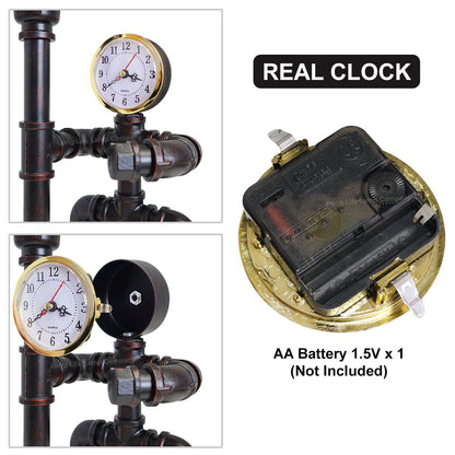Vintage Industrial Water Pipe Table Lamp Real Clock with 4w - Energy Light Bulbs - Free delivery on all orders