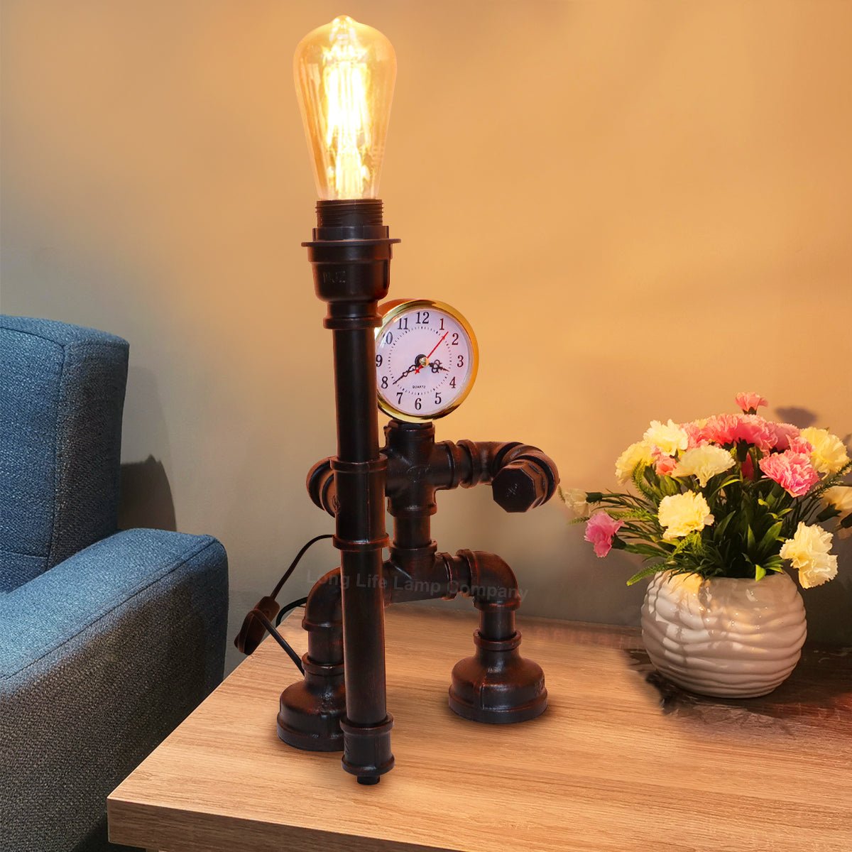 Vintage Industrial Water Pipe Table Lamp Real Clock with 4w - Energy Light Bulbs - Free delivery on all orders