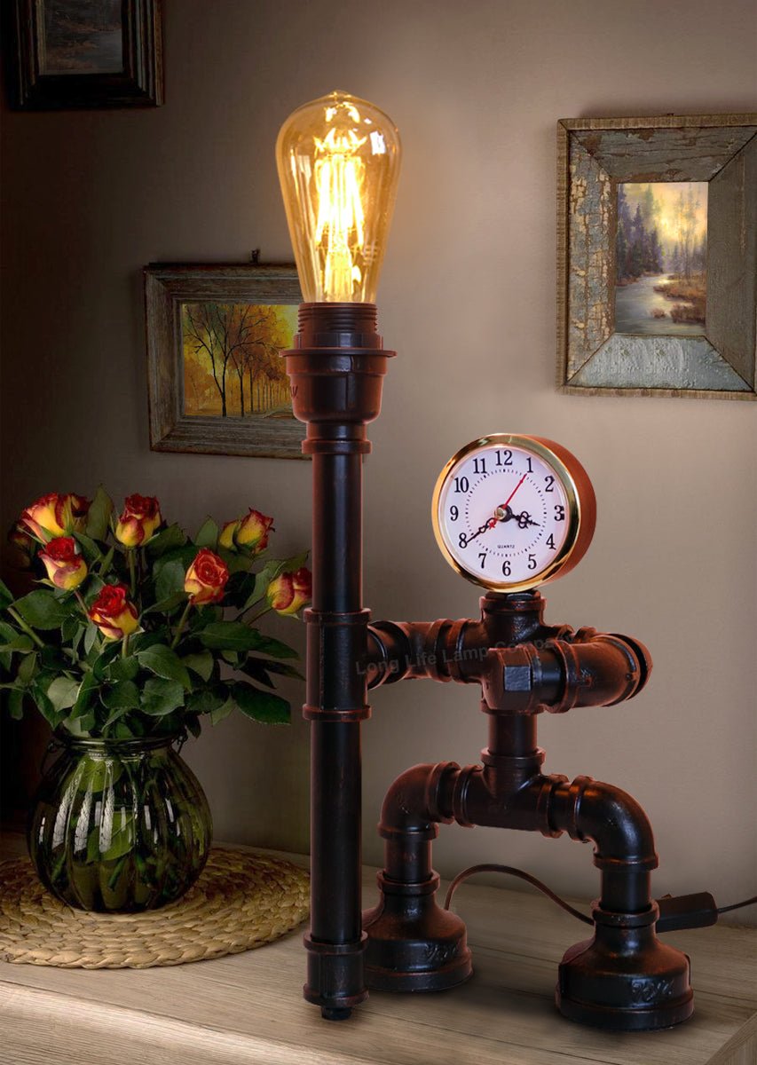 Vintage Industrial Water Pipe Table Lamp Real Clock with 4w - Energy Light Bulbs - Free delivery on all orders