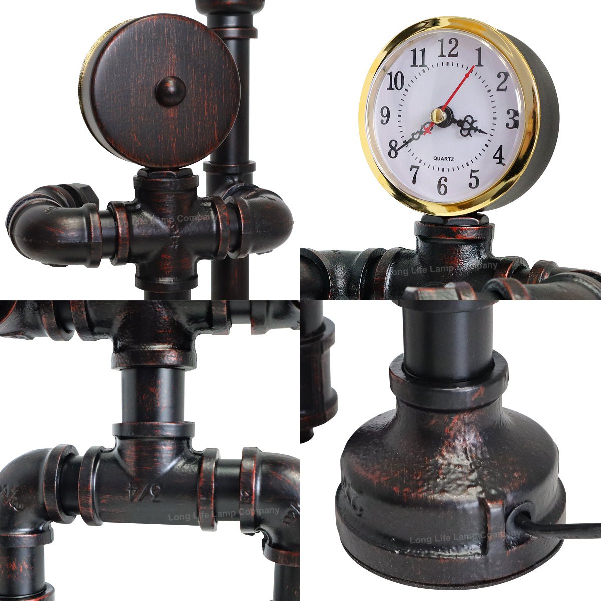 Vintage Industrial Water Pipe Table Lamp Real Clock with 4w - Energy Light Bulbs - Free delivery on all orders
