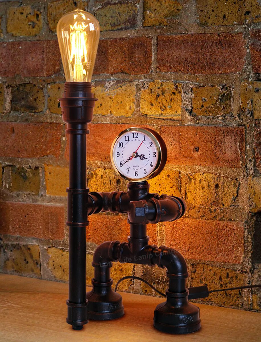 Vintage Industrial Water Pipe Table Lamp Real Clock with 4w - Energy Light Bulbs - Free delivery on all orders