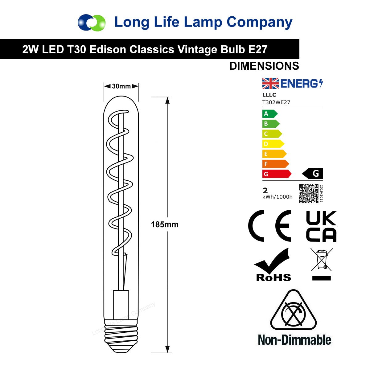 Vintage LED 2W T30 Teardrop Spiral Tube Bulb E27 - Energy Light Bulbs - Free delivery on all orders