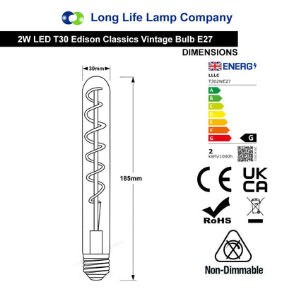 Vintage LED 2W T30 Teardrop Spiral Tube Bulb E27 - Energy Light Bulbs - Free delivery on all orders