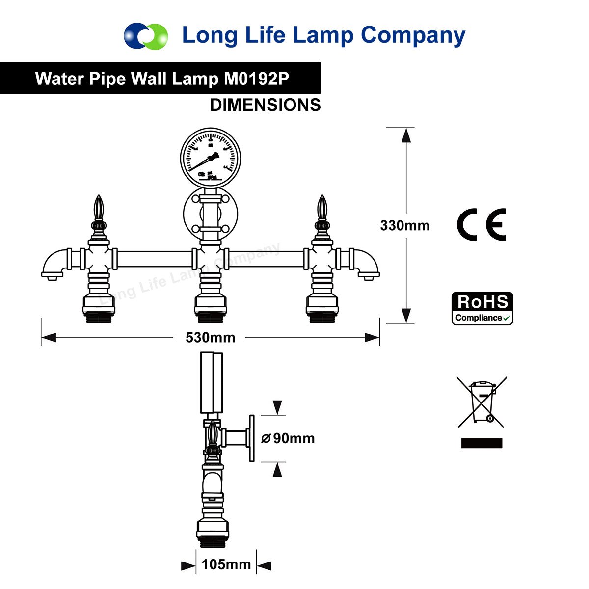 Vintage Rustic Industrial Water Pipe Wall Light with Gauge M0192P - Energy Light Bulbs - Free delivery on all orders